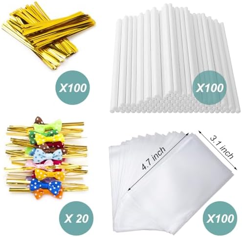 SOTMALTK 320Pcs Cake Pop Sticks and Wrappers Kit, 6inch Lollipop Sticks with Cake Pop Bags and Metallic Twist Ties Bow, Perfect for Making Lollipops,Candies,Chocolates and Cookies - Great for Parties