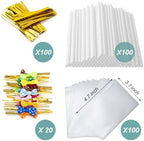 SOTMALTK 320Pcs Cake Pop Sticks and Wrappers Kit, 6inch Lollipop Sticks with Cake Pop Bags and Metallic Twist Ties Bow, Perfect for Making Lollipops,Candies,Chocolates and Cookies - Great for Parties