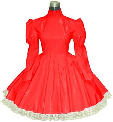 Plus Size Bridesmaid Dress Long Sleeve Maid Dress Cute Cosplay Costumes Vinyl Dresses Candy Color Lace 7XL Women Dresses,Red,XL