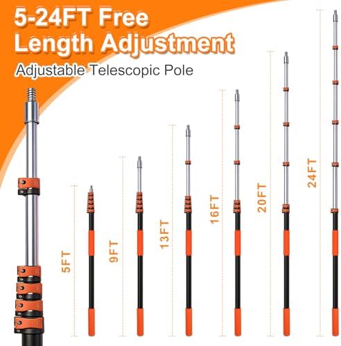 30FT High Window Cleaning Kit, 5-24 FT Telescoping Extension Pole with Dual Action Flip-Lock & Screw Fixing Design, 2-in-1 Window Squeegee, Professional Long Handle Washing Tool for High Windows