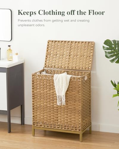 Laundry Hamper with Lid, 112 L Handwoven Rattan Wicker Laundry Basket, 2 Removable Liner Bags Metal Heightened Feet, 6 Mesh Bags, 2 Section Large Clothes Hamper for Bathroom Bedroom, Natural