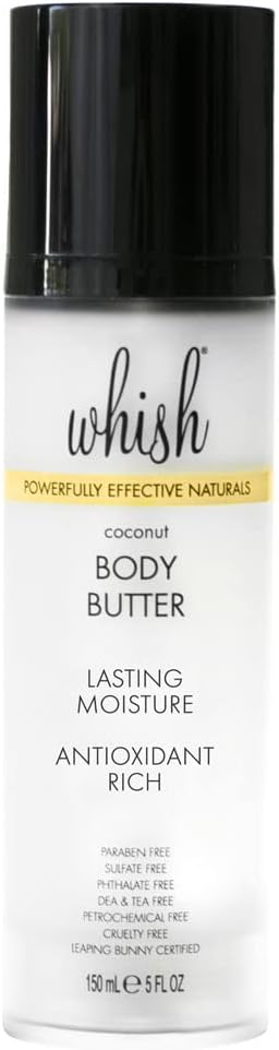 Whish Beauty Body Butter for Women - Moisturizing Body Lotion for Dry Skin - Antioxidant-Rich with Shea Butter, Aloe, & Raspberry Butter - Paraben & Sulfate Free - Coconut - 5 fl oz