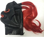 Latex Hood with Red Braids and Eye Hole, Full Face Cover with Zipper for Master, Queen, Sex, BDSM, Party, Cosplay, Holiday