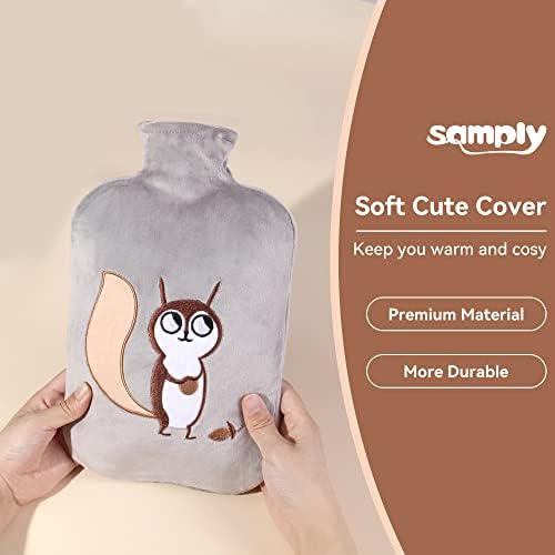 samply Hot Water Bottle with Cute Fleece Cover, 2L Hot Water Bag for Hot and Cold Compress, Hand Feet Warmer, Neck and Shoulder Pain Relief, Gray Squirrel