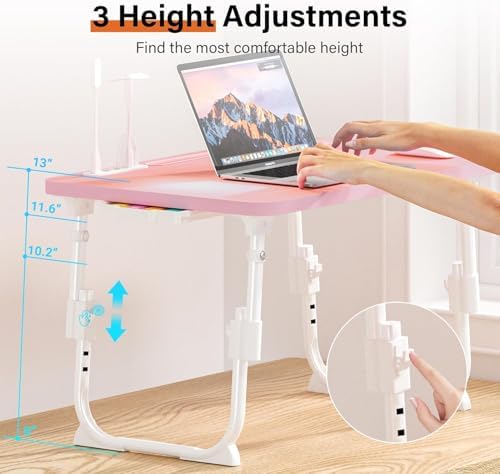 Bed Desk Height Adjustable, Bed Laptop Table with USB/Storage Drawer/Cup Holder/Tablet Stand/Book Shelf, Foldable Breakfast Tray Portable for Reading Writing, Bed, Sofa & Floor, Wood, Pink