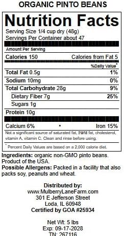 Pinto Beans, 5 Pounds Dried, USDA Certified Organic, Non-GMO Bulk, Product of USA, Mulberry Lane Farms