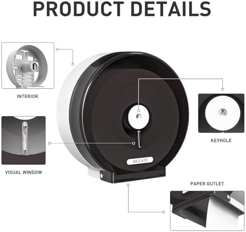 Jumbo Roll Toilet Paper Dispenser Wall Mount Waterproof No-Drill for Restrooms with Lock ABS Black 51018