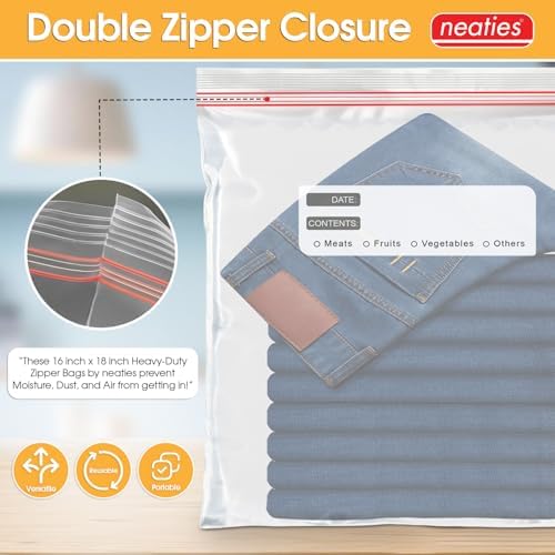 Neaties 3 Gallon Resealable Bags – Heavy Duty Jumbo Freezer Bags with Dual Zipper – 16x28" Extra Large with Writable Space for Kitchen or Home Storage – BPA-Free Food Grade Plastic – 16 Pack