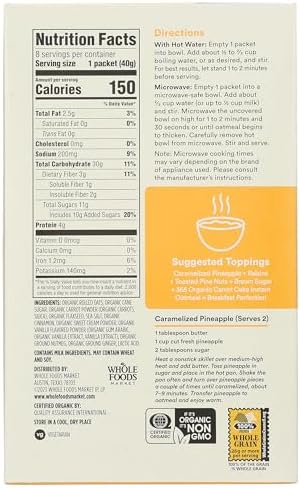 365 by Whole Foods Market, Organic Instant Oatmeal, Carrot Cake, 8 Count, 11.3 Ounce