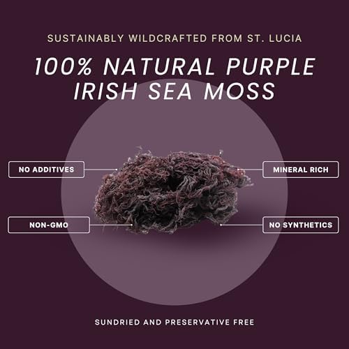 Raw Wildcrafted Purple Sea Moss 4oz, St. Lucia Shade-Dried Seamoss, Natural Ocean Harvested Whole Purple Moss