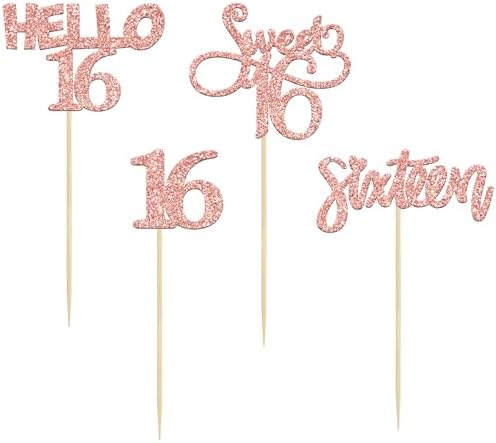 Gyufise 24 Pack 16th Birthday Cupcake Toppers Sweet 16 Cake Toppers Hello 16 Sixteen Cupcake Picks for 16th Birthday Cake Decorations Supplies Rose Gold