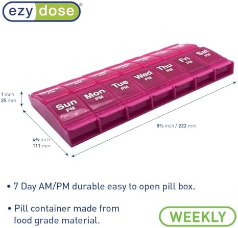 EZY DOSE Push Button (7-Day) Pill Case, Medicine Planner, Vitamin Organizer, 2 Times a Day, AM/PM Container, X-Large Compartments, Arthritis Friendly, Easy to Use, Transparent Lids, Pink, BPA Free