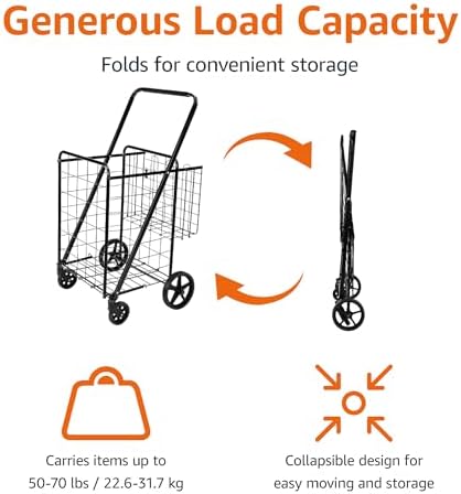 Amazon Basics Foldable Collapsible Shopping Utility Cart with 360-Degree Wheels, Multi-Functional for Sports, Easy Assembly, X-Large, Black