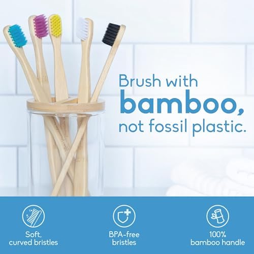 The Humble Co Bamboo Toothbrushes, 5 Pack - Ultra Soft Bristles Natural Bamboo Toothbrush - BPA Free Soft Bristles for Sensitive Gums - Non-Toxic & Plastic Free Handle - Dental Oral Care & Hygiene