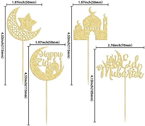 24 Pack Eid Mubarak Cupcake Toppers Gold Glitter Moon Star Happy Eid Cupcake Picks for Islamic Muslim Mubarak Festival Ramadam Kareem Party Cake Decorations Supplies