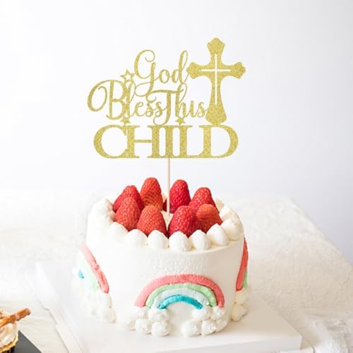 God Bless This Child Cake Topper,gold Glitter First Communion God Bless Cake Decorations,Baby Shower/Birthday/Christmas Party Decorations Supplies