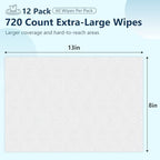 Adult Wipes for Elderly - 720 Count Extra Large 8"x13" Disposable Washcloths Rinse Free Bathing Wipes for Incontinence & Bedridden Care - Thick, Soft & Unscented with Aloe & Vitamin E (12 Packs of 60)
