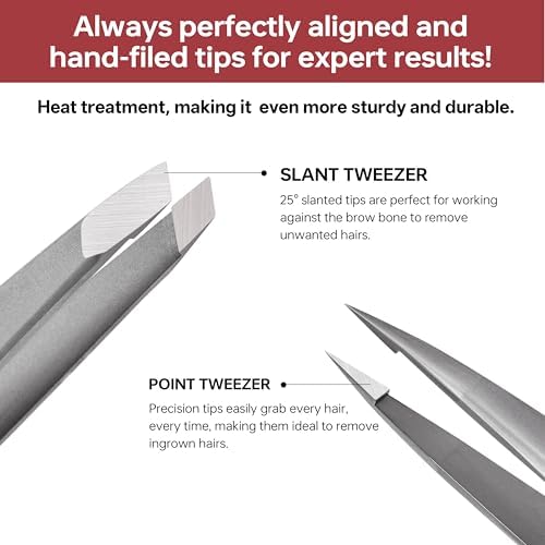 Eyebrow Tweezers for Women Facial Hair, Precision Slant Tweezers with Comfortable Handle, Sharp Eyebrow Plucker With Travel Case