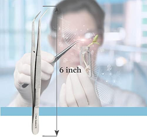 Lab Tweezers High Precision Forceps, 6" (15.2 cm), Fine Strong Angled Point tweezers, Stainless Steel