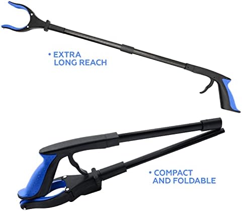 Grabber Reacher Tool-Long 32 Inch Aluminum Foldable Pick Up Stick-Strong Grip Shelves LED Light Magnetic Tip, Lightweight Trash Picker Claw Reacher Grabber Tool for Elderly - by Luxet (32 Inch, Blue)