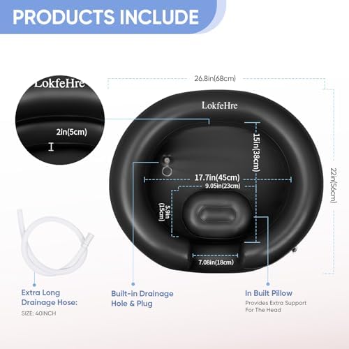 Black Inflatable Shampoo Basin, Stain Resistant Ergonomic Neck Support Hair Washing Bowl for Bedridden Elderly Disabled, Portable Leakproof PVC Sink with Drain Hose for Home Care Locs Detox
