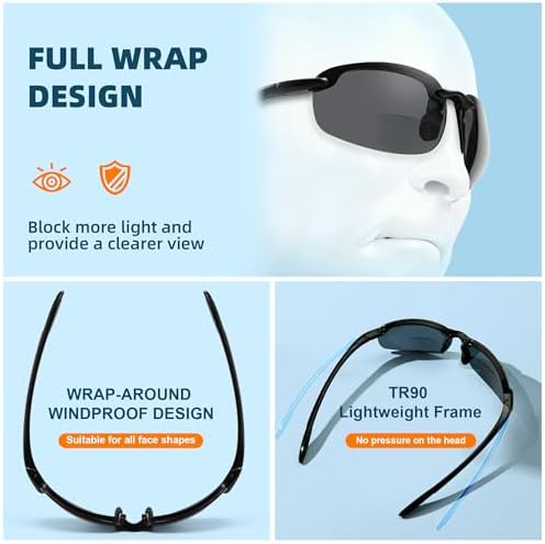 Light Wrap Around Fishing/Driving Polarized Bifocal Reading Sunglasses x1.5 x2.0 x2.5 for Men Women Sport Sun Readers