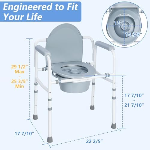 3-in-1 Bedside Commode Chair with Splash Guard & Bucket, Portable Toilet for Seniors, Adult Potty Chair, Adjustable Height, Supports 300 lbs,White