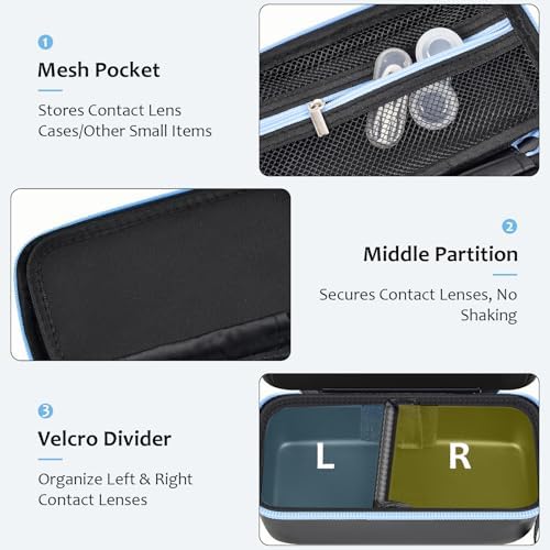 Daily Contact Lens Case Fits 30+ Disposable Daily Lenses, Portable Contact Lens Storage Organizer with Mesh Pocket, Travel Contact Solution for All Brand Cosmetic Lens & Accessories -Black (Case Only)
