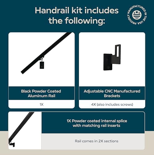 Modern Aluminum Handrail Grab Bar Kit, Adjustable Steel Brackets Included, Returns to Wall, Powder Coated Finish (Black, 9 Foot Handrail Set)