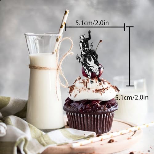 18pcs Black White Glitter Matador Cow Dessert Cupcake Topper Pick for Western Bull Riding Bull Rider Competition Theme Decor Supplies Men Boys Birthday Party Decorations