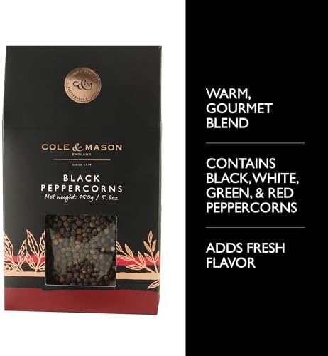 Cole & Mason Gourmet Spice Refill Box - Pairs Well with Chicken, Beef, Pork and More - Peppercorn for Pepper Mill Grinder - Black Pepper 5.3 oz Box