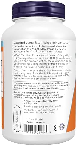 NOW Foods Supplements, Cod Liver Oil, Extra Strength 1,000 mg with Vitamins A & D-3, EPA, DHA, 180 Softgels