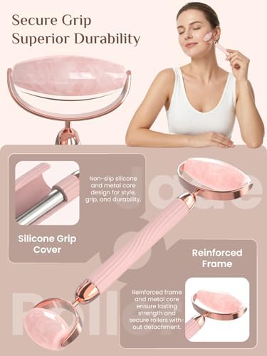 Rena Chris Rose Quartz Gua Sha & Jade Roller Set, Face Roller and Gua Sha Facial Tools, Facial Massage Tools for Jawline Sculpting, Under Eye, Neck, Skin Care Routine & Self Care Gift