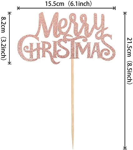 1 Pack Rose Gold Merry Christmas Cake Topper Glitter Holiday Cake Pick Xmas Theme Birthday Party Cake Decorations