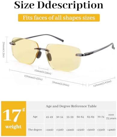 LUFF Blue Light Blocking Reading Glasses for Women Men,Readers Rimless Computer Yellow Lens Anti Glare Better Protection