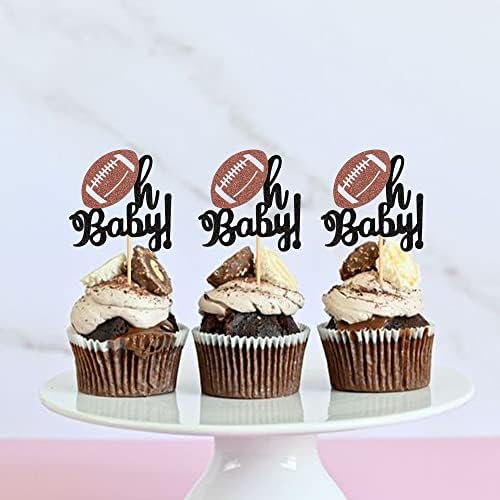 Ercadio 24 Pack American Football Oh Baby Cupcake Toppers - Black Glitter Rugby Picks for Sports Theme Baby Shower, Gender Reveal Party Cake Decor Supplies