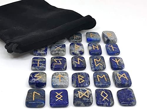 Lapis Lazuli Stone Rune Set Tumbled Engraved Lettering Crystal Set for Wicca Reiki Crystal Healing