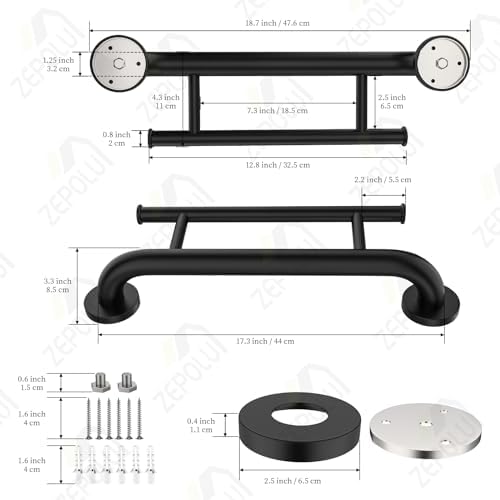 Black Towel Grab Bar 17 Inch, Zepolu Handicap Towel Bar for Bathroom, Stainless Steel Safety Assist Bar Balanced Support Handle, Wall Mounted Towel Rack Grab Bars for Senior Elderly Disabled