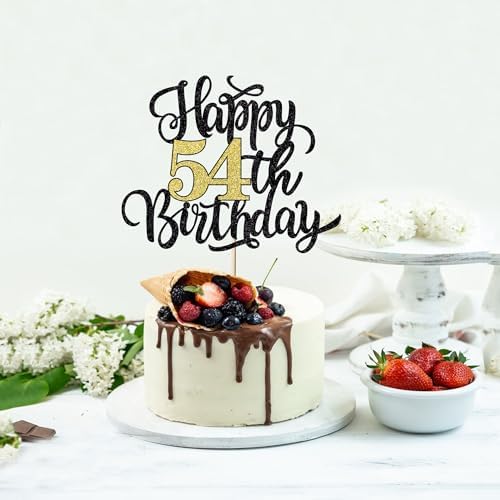 Happy 54th Birthday Cake Topper, Black Gold Glitter Birthday Cake Topper, 54th Anniversary/ 54th Birthday Party Decoration Supplies