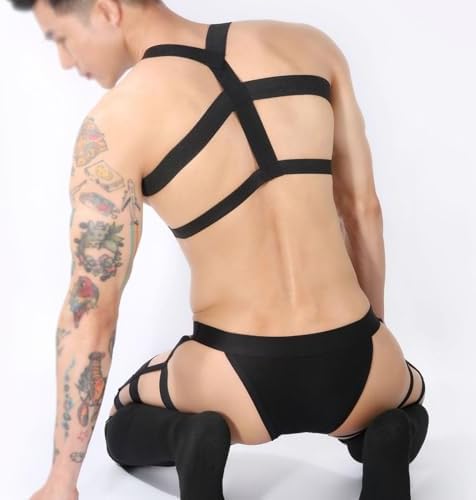 Mens Harness Belt Nylon Elastic Body Shoulder Strap Sexy Halter Club Wear Cosplay Costume Sexy Black Sissy Lingerie Adjustable Harness Men Belts Bondage Body