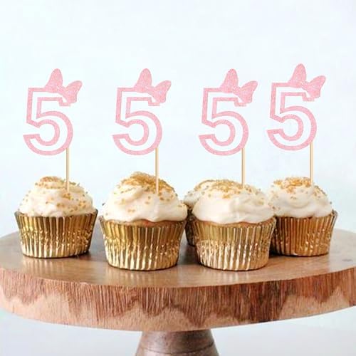 Ercadio 24Pcs Girls 5th Birthday Cupcake Toppers Glitter Pink Bow Number 5 Cupcake Picks for Pink Bow Baby Girls 5th Birthday Anniversary Cake Decorations Supplies