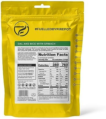 FIREPOT Dal and Rice with Spinach - Healthy Plant Based Dehydrated Camping & Backpacking Meals (2 Servings)