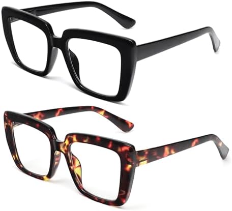 KoKoBin 2 Pack Reading Glasses Women Blue Light Blocking，Oversized Fashion Large with spring hinge Eyeglasses