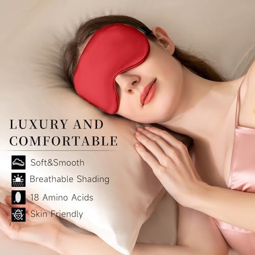 THXSILK Sleep Mask 100% 19 Momme Pure Mulberry Silk Super Smooth Cooling Sleep Eye Mask Blackout for Women/Man/Kids Eye Cover with Wide Head Strap Good Night Sleep Comfortable Travel and Nap, Red