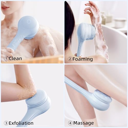 Electric Body Brush Back Scrubber for Shower, Waterproof Long Dual Handle Power Body Scrubber with 3 Heads, Bath Brush & 2 Speeds, for Cleansing, Exfoliating and Massaging Skin, Sky Blue