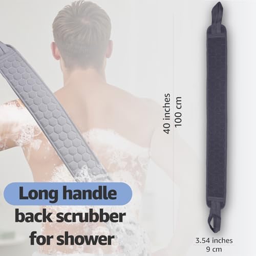 Back Scrubber for Shower with Handles, 40 Inch Extra Long Double-Sided Exfoliating Bath Strap, Textured Body Washer with Extended Reach for Deep Cleaning (Grey)