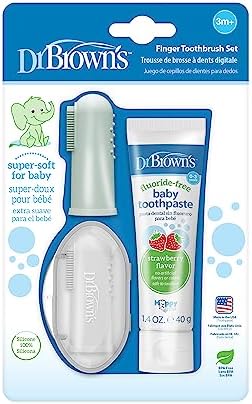 Dr. Brown's 100% Silicone Baby Finger Toothbrush and Toothpaste Set, 2-Pack Toothbrush with Storage Case, Fluoride-Free Strawberry Toddler Toothpaste, Gray & Light-Green