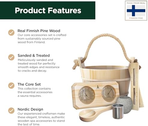 Northwood Sauna - Sauna Accessories Kit - Handmade from Finnish Pine Wood - Core Set (Bucket & Ladle, Thermometer & Hygrometer, Sand Timer, Aromatherapy Cup)