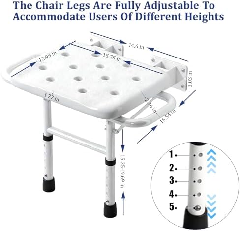 Foldable Wall Mounted Shower Seat, Height Adjustable Bathroom Stool with Armrests, 330lbs Capacity, Rustproof Bath Chair for Seniors, Elderly, Disabled & Pregnant Women