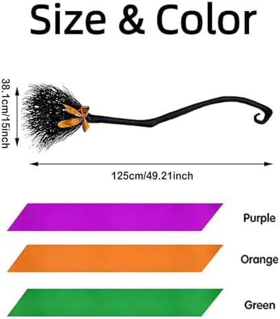 Halloween Witches Broomstick, 49inch Witch Broom - Witch Cosplay Props with 3 Colorful Ribbon (Black)